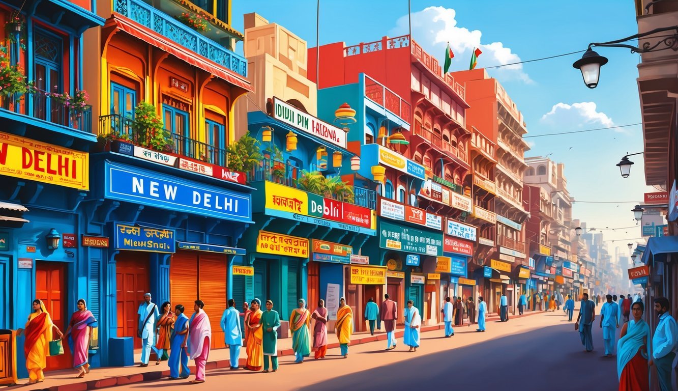 A bustling New Delhi street with colorful buildings and signs, showcasing the mix of modern and traditional culture