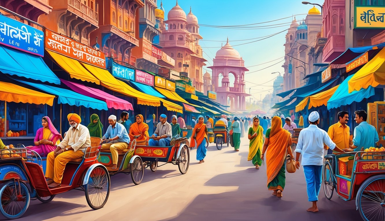 A bustling street in New Delhi, with colorful market stalls, rickshaws, and people going about their daily lives amidst the backdrop of vibrant buildings and bustling activity