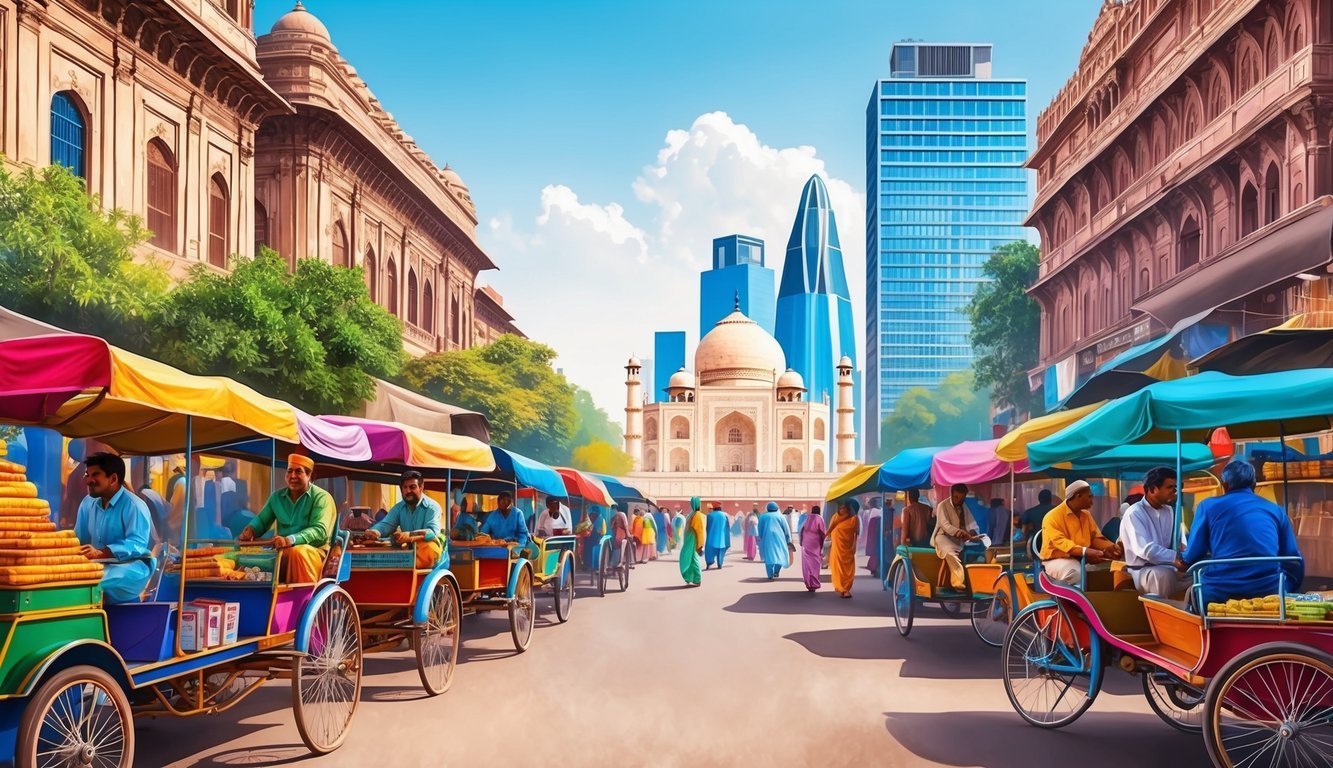 A bustling street market in New Delhi, India, with colorful stalls and rickshaws, surrounded by historic architecture and modern skyscrapers