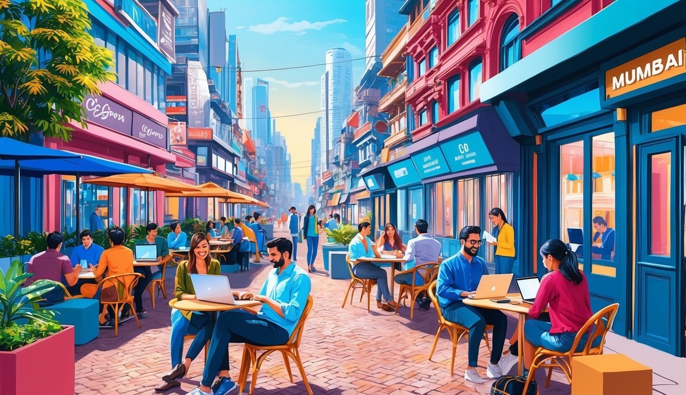 A bustling Mumbai street with modern cafes, co-working spaces, and people working on laptops outdoors amidst the vibrant cityscape