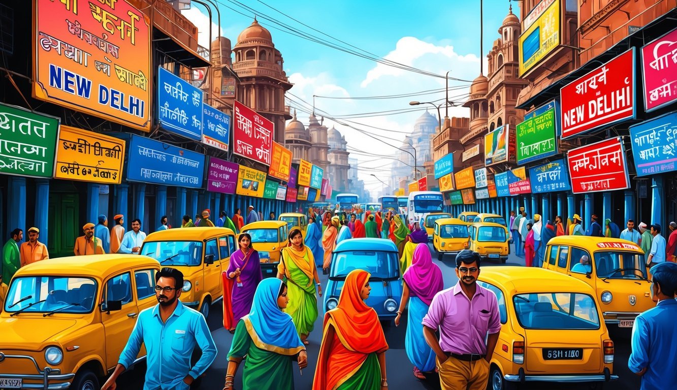 A bustling street scene in New Delhi, with colorful signs, diverse people, and various modes of transportation