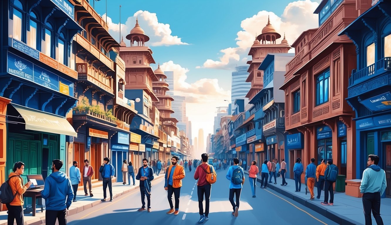 A bustling street in New Delhi, with a mix of traditional and modern buildings, surrounded by digital nomads exploring the city