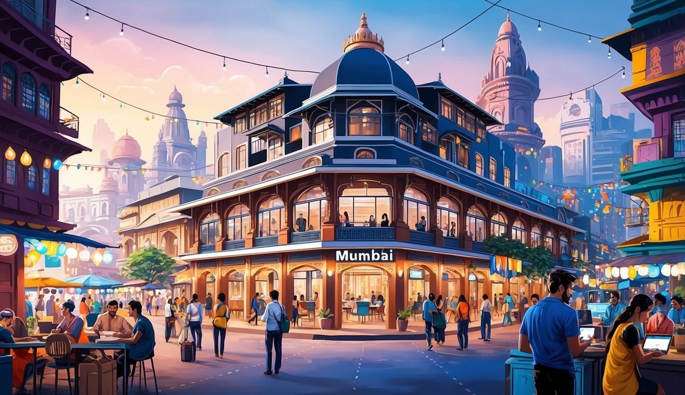 A bustling coworking space in Mumbai with a mix of modern and traditional architecture, surrounded by vibrant street markets and bustling with digital nomads