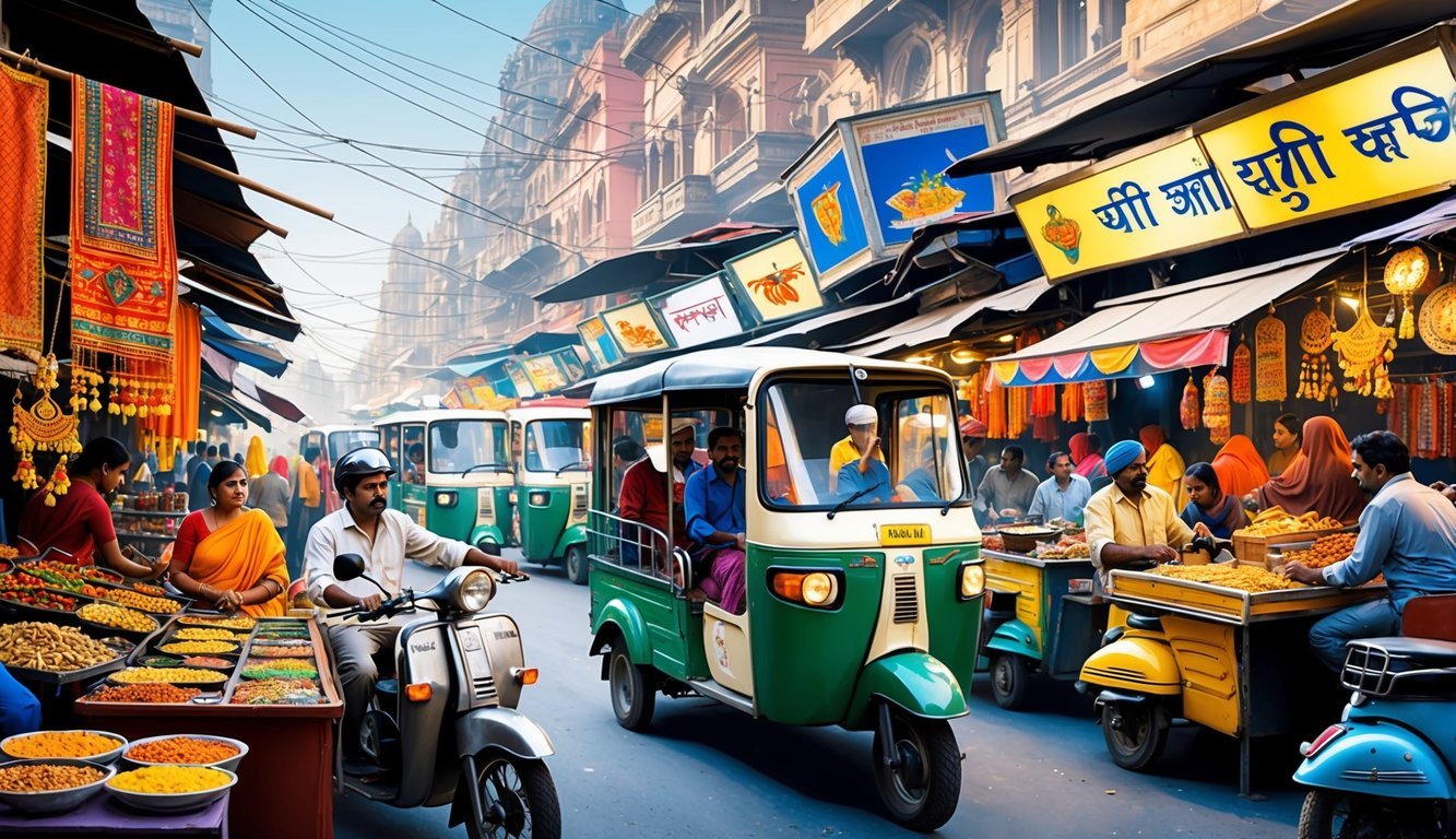 Busy Mumbai street market with colorful textiles, intricate jewelry, and aromatic street food stalls.</p><p>Tuk-tuks and motorcycles weave through the bustling crowd