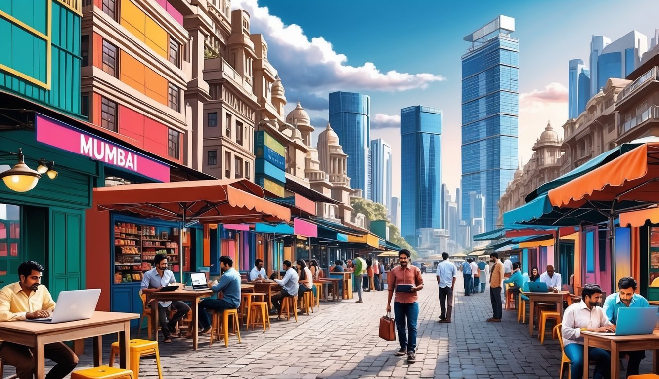 A bustling Mumbai street with colorful market stalls, modern skyscrapers, and people working on laptops in outdoor cafes