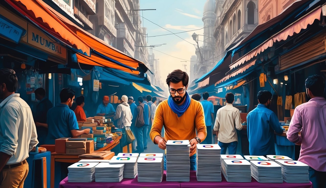A bustling Mumbai street with a digital nomad browsing through a stack of FAQ cards at a market stall