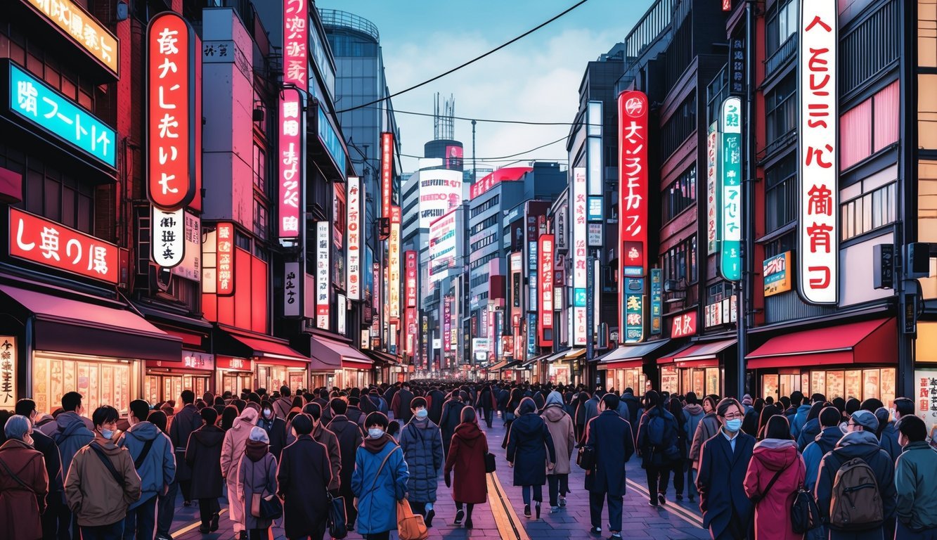 A bustling Tokyo street with neon signs, crowded sidewalks, and a mix of traditional and modern architecture
