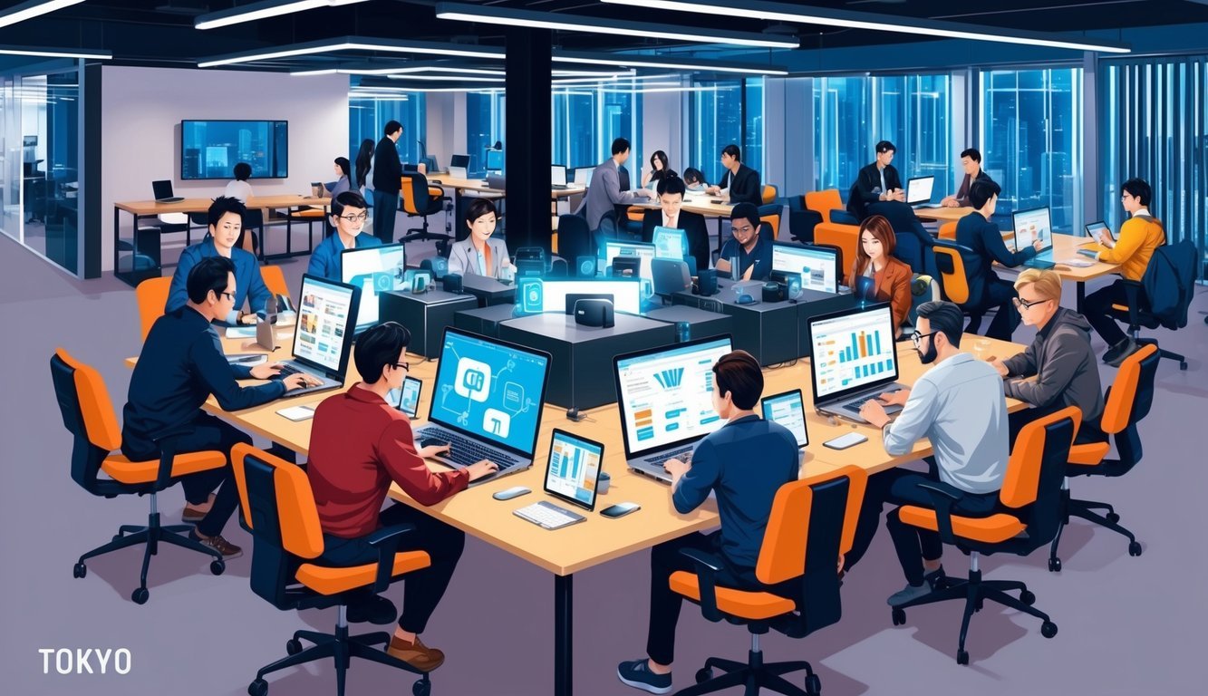 A bustling co-working space in Tokyo, filled with modern technology and diverse digital nomads collaborating and connecting