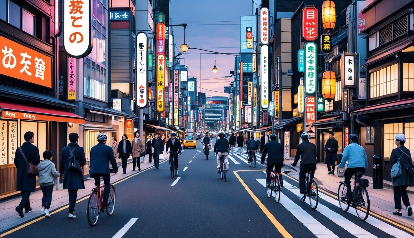 A bustling Tokyo street with neon signs, traditional lanterns, and a mix of modern and traditional architecture.</p><p>Pedestrians and cyclists navigate the busy scene