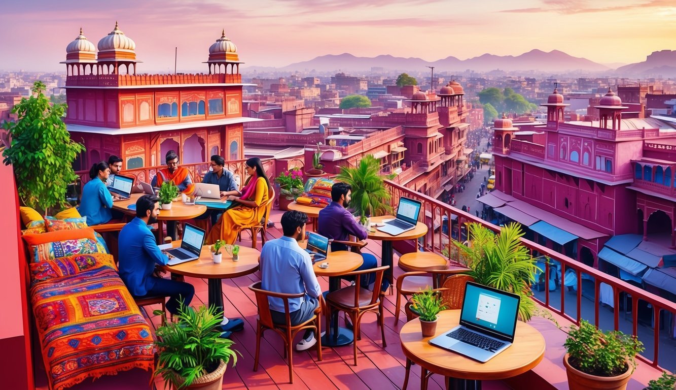 A bustling rooftop cafe with laptops, plants, and colorful textiles overlooking the vibrant streets of Jaipur, India