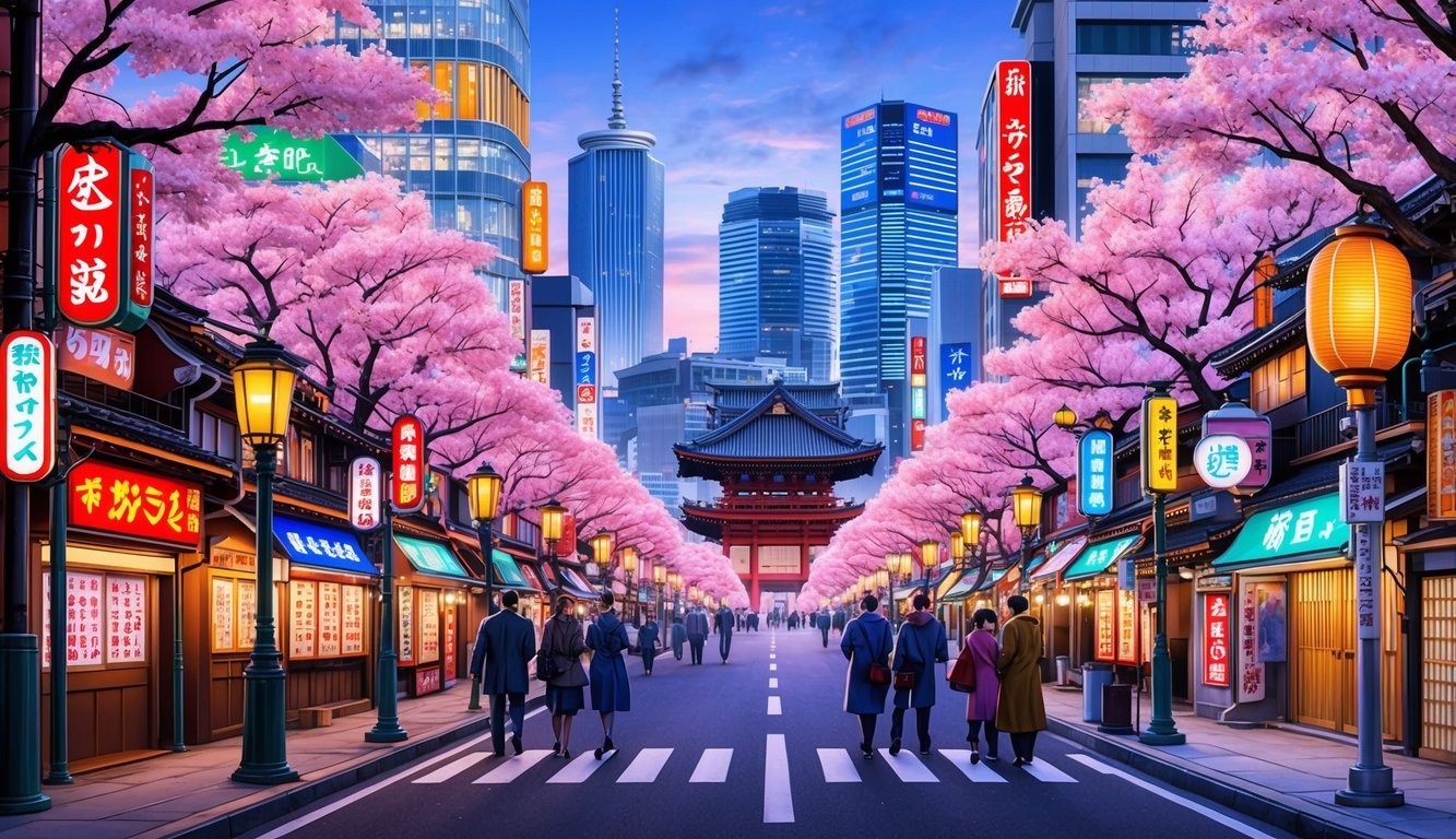 A bustling Tokyo street lined with neon signs, traditional lanterns, and cherry blossom trees, with a mix of modern skyscrapers and historic temples in the background