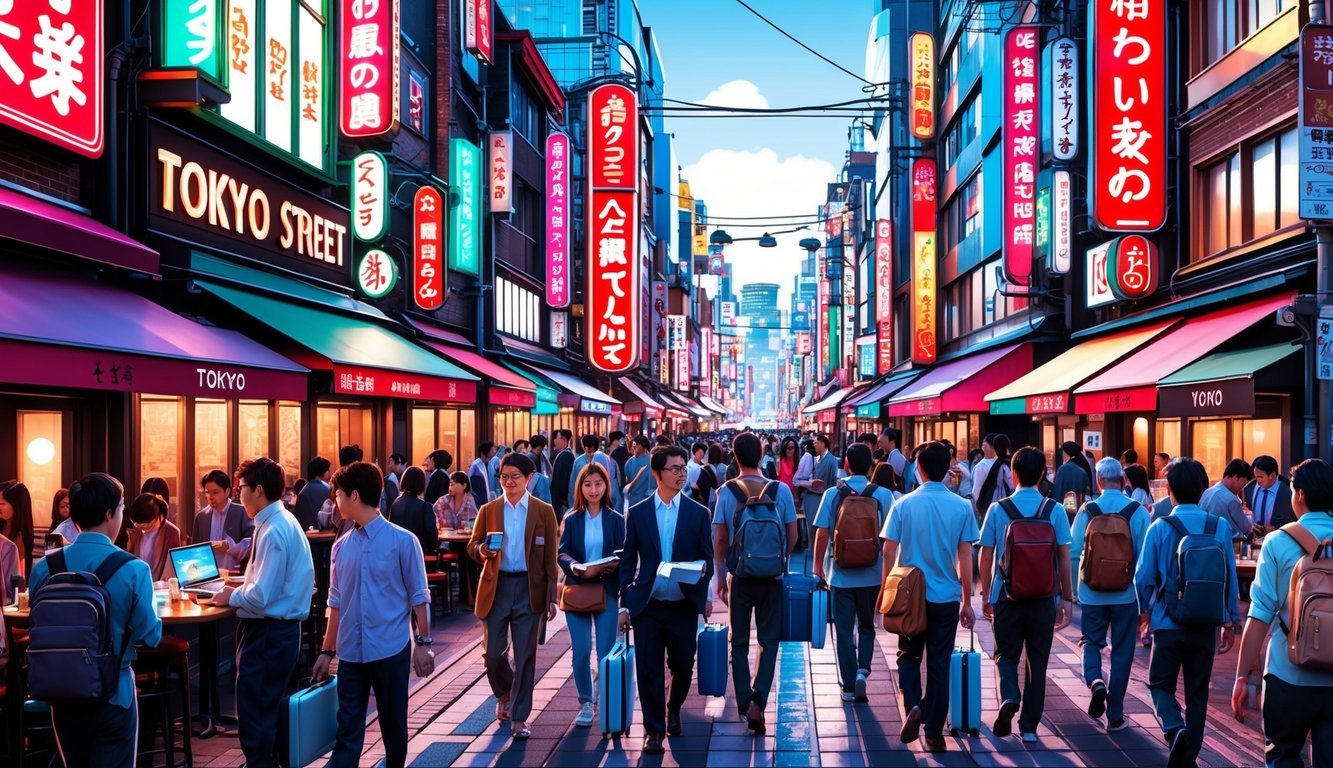 A bustling Tokyo street with neon signs, crowded cafes, and people walking with laptops and backpacks