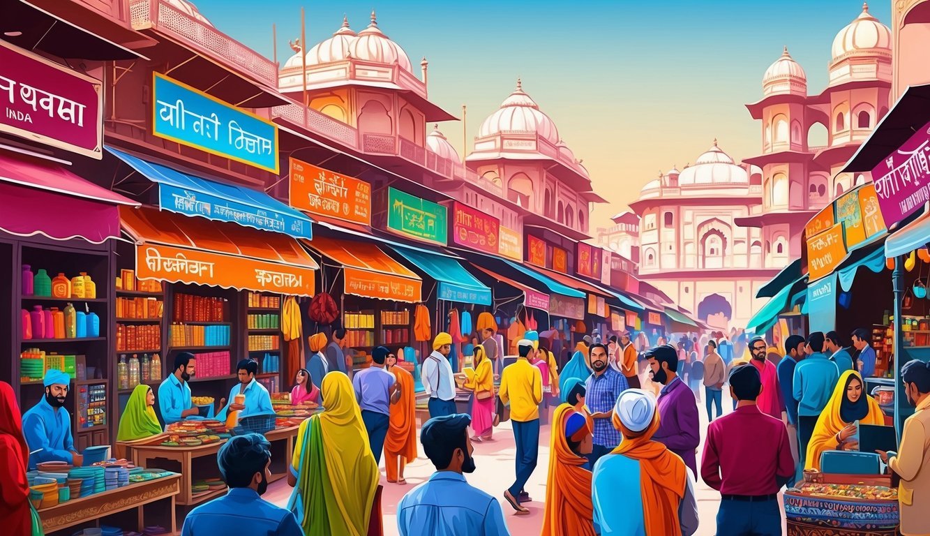 A bustling marketplace with colorful signs and vendors in Jaipur, India, surrounded by digital nomads seeking information