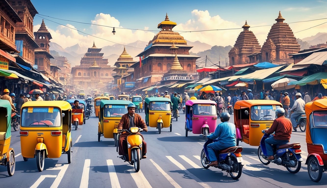 A bustling street in Kathmandu, with colorful rickshaws, motorbikes, and pedestrians weaving through traffic.</p><p>The backdrop includes ancient temples and bustling markets