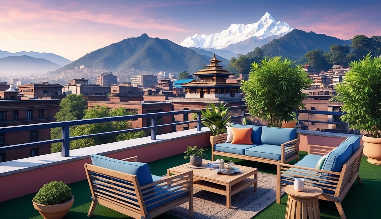 A cozy rooftop terrace in Kathmandu, Nepal, with a view of the city and the Himalayas, surrounded by lush greenery and equipped with modern amenities for digital nomads