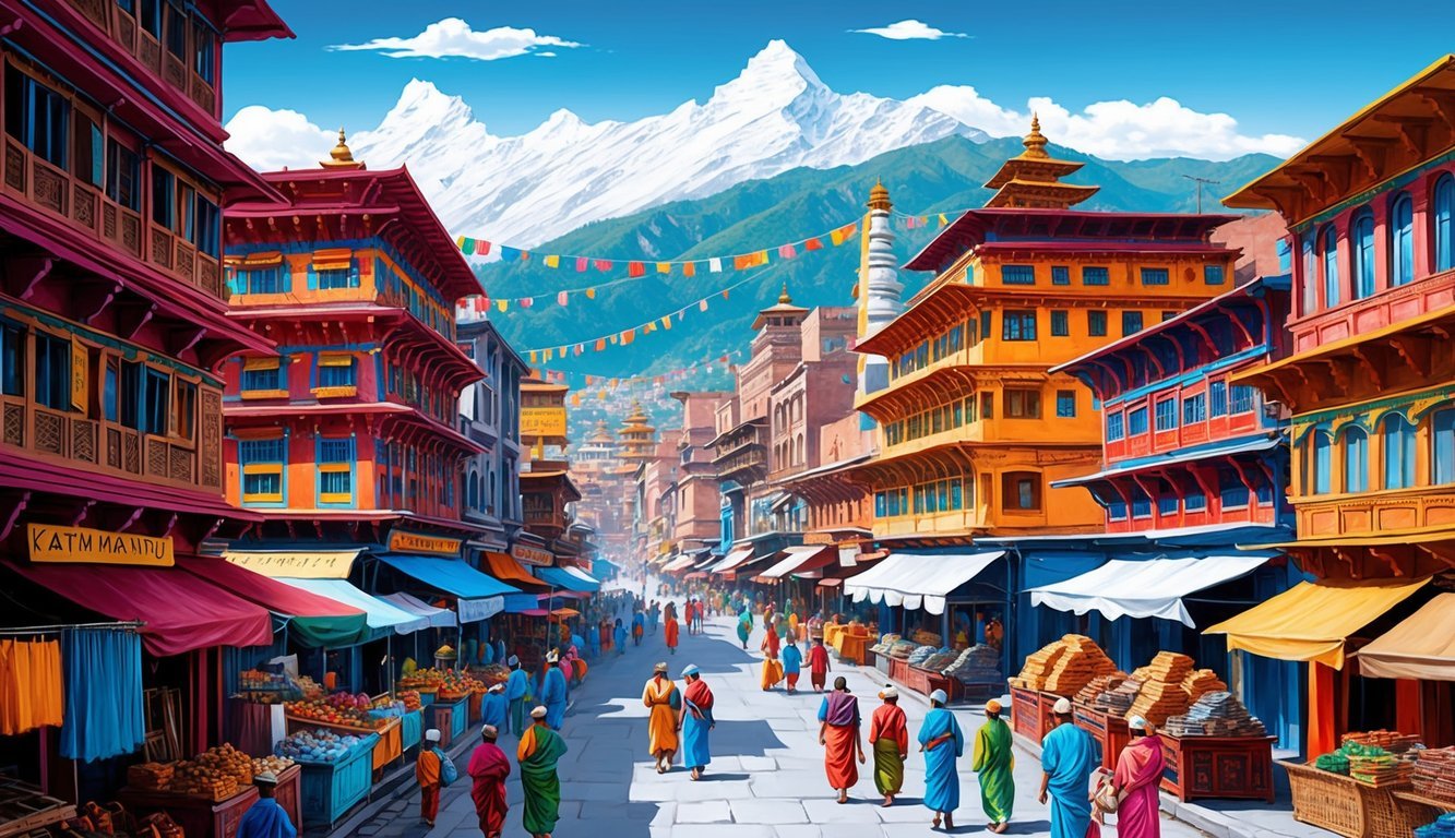 A bustling Kathmandu street with colorful buildings, bustling markets, and a backdrop of the Himalayas