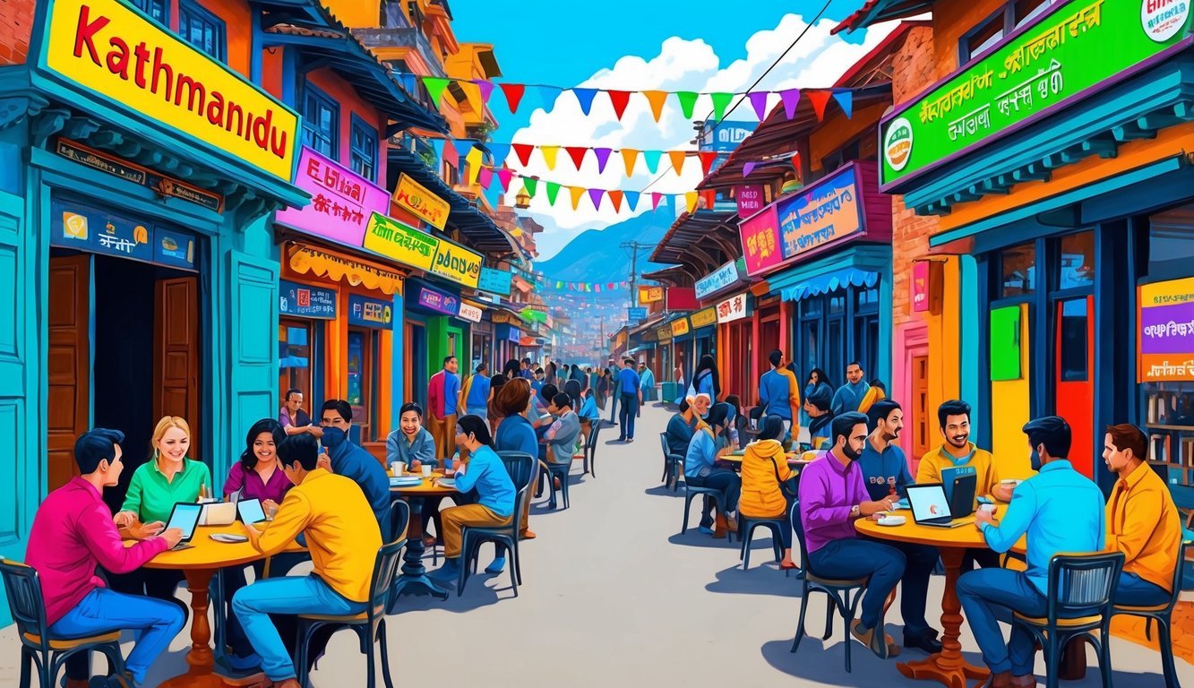 A bustling street in Kathmandu, with colorful signs and busy cafes, as digital nomads gather to ask and answer questions
