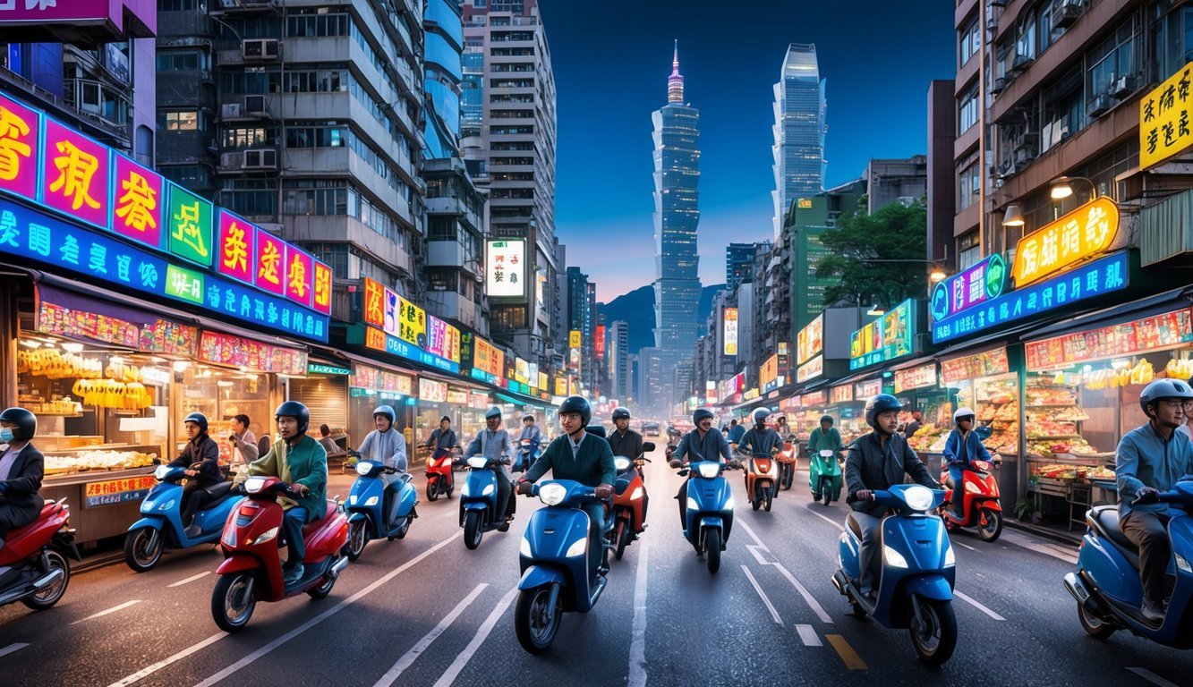 Busy Taipei streets with scooters weaving through traffic, skyscrapers towering above, and bustling night markets filled with food stalls and neon lights