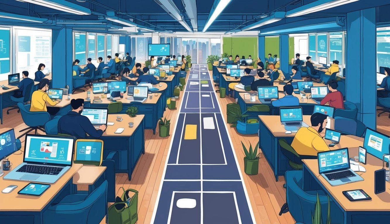 A bustling coworking space in Taipei, Taiwan, filled with modern technology and digital nomads working on laptops and engaging in virtual meetings