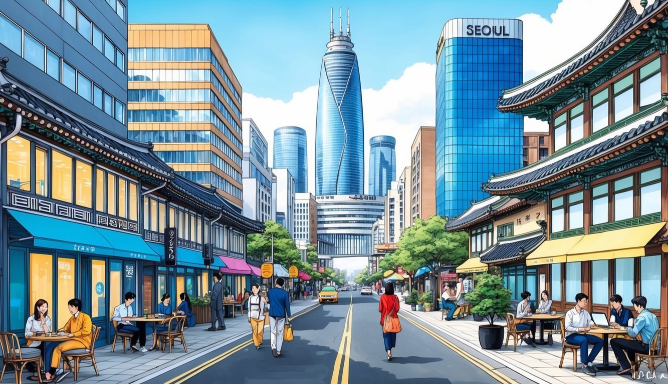 A bustling Seoul street with modern skyscrapers, traditional Korean architecture, and a mix of locals and expats working in trendy cafes and coworking spaces