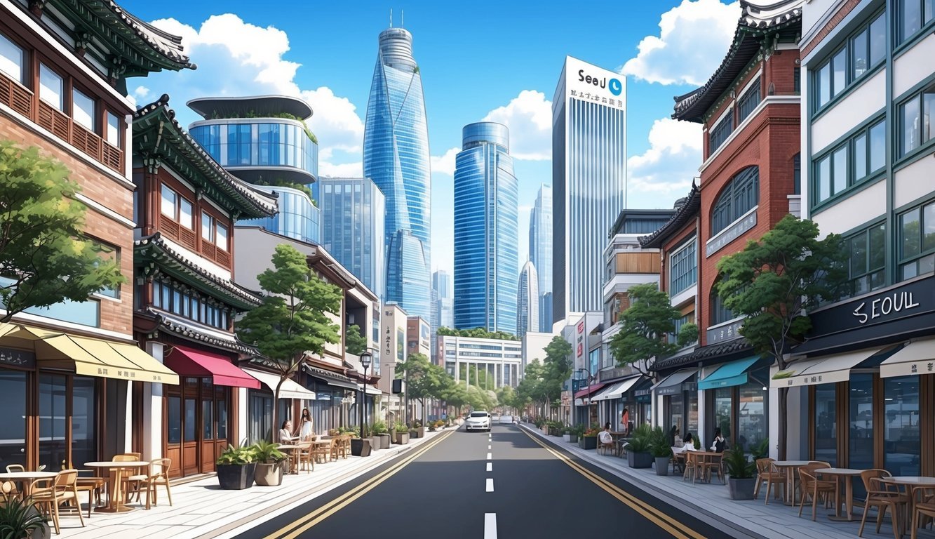 A bustling street in Seoul, with modern skyscrapers and traditional Korean architecture, surrounded by cafes and co-working spaces