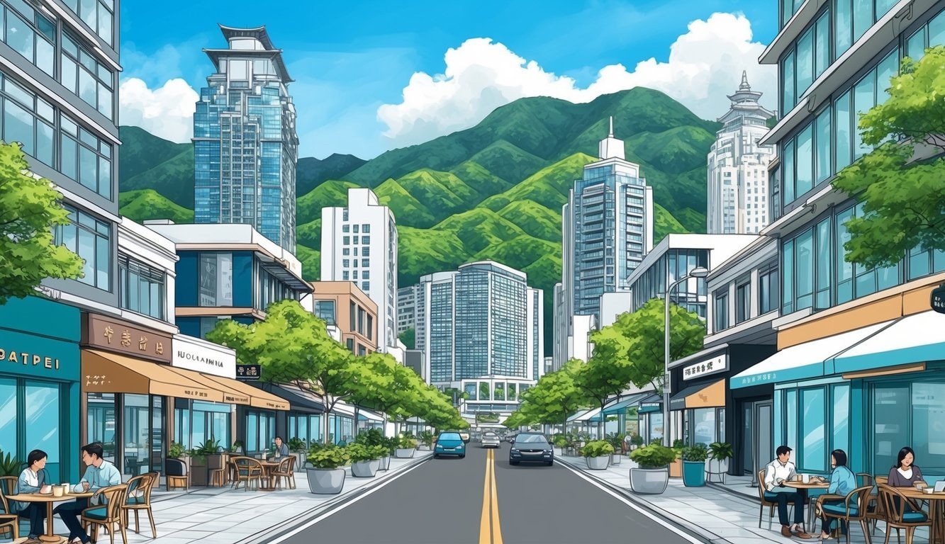 A bustling Taipei street with modern cafes, co-working spaces, and high-rise buildings against a backdrop of lush green mountains