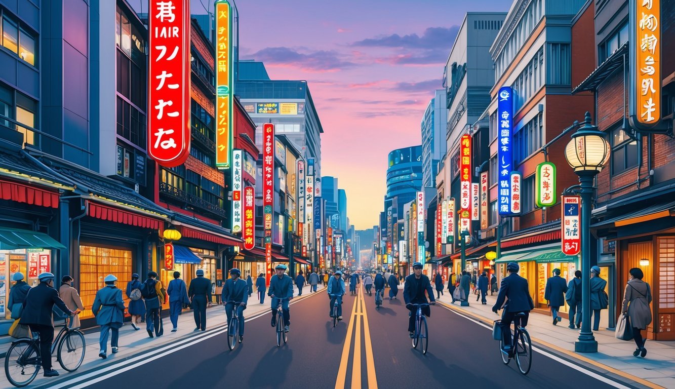 A bustling street in Osaka, with neon signs, traditional lanterns, and a mix of modern and historic buildings.</p><p>Pedestrians and cyclists navigate the lively cityscape