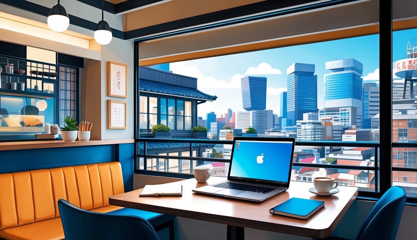 A cozy corner in a bustling Osaka cafe, with a laptop, notebook, and coffee, surrounded by modern Japanese decor and city views