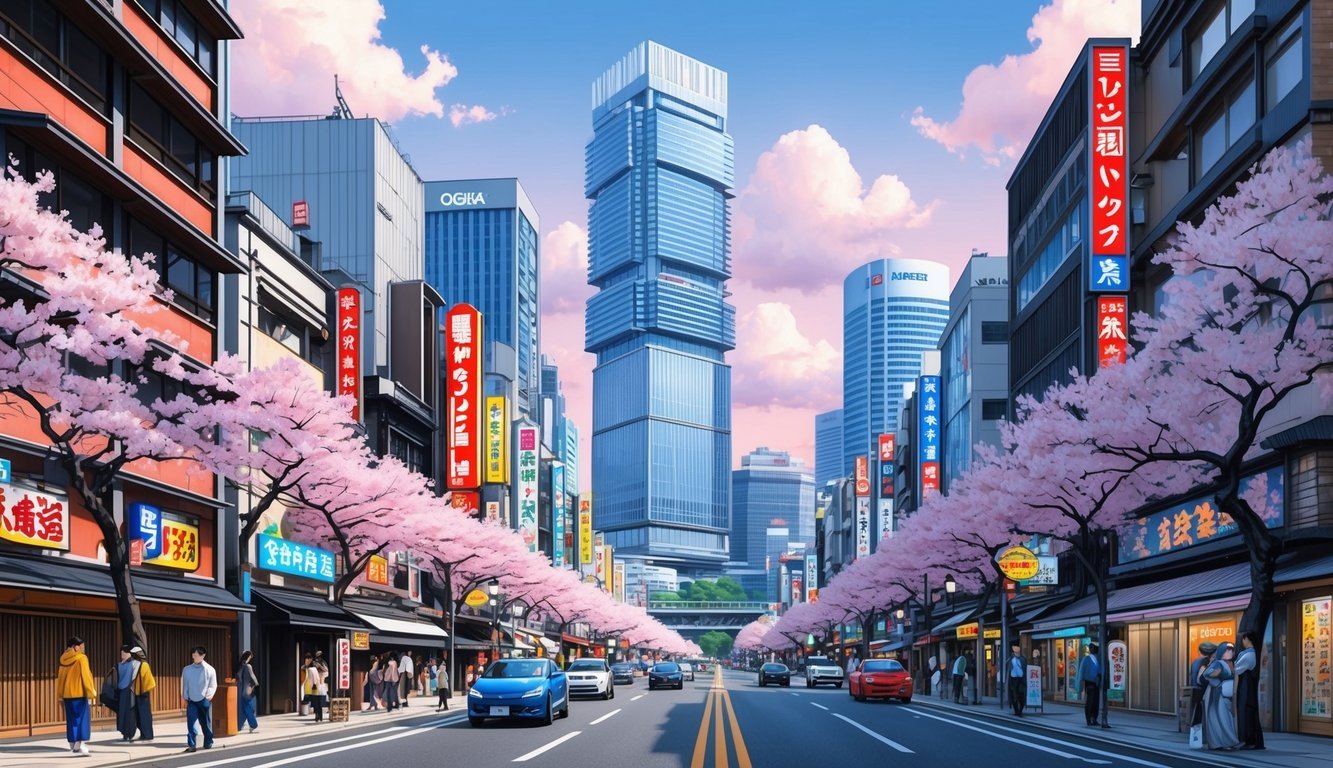 A bustling street in Osaka, with modern skyscrapers towering over traditional Japanese architecture.</p><p>A mix of neon signs and cherry blossom trees line the busy thoroughfare