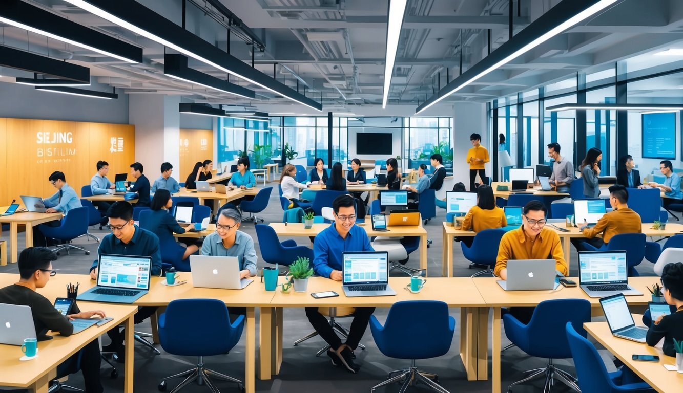 A bustling coworking space in Beijing, filled with modern amenities and tech-savvy digital nomads working on laptops and collaborating in meeting rooms