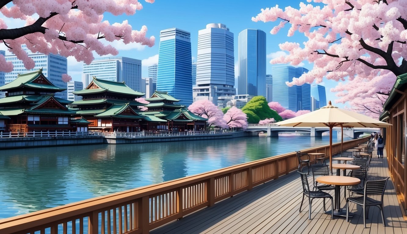 A serene riverside cafe in Osaka, Japan, with a view of traditional buildings and modern skyscrapers, surrounded by cherry blossom trees