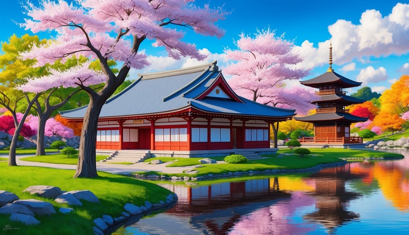 A traditional Japanese tea house surrounded by cherry blossom trees, with a pagoda in the background and a serene pond reflecting the vibrant colors of the fall foliage