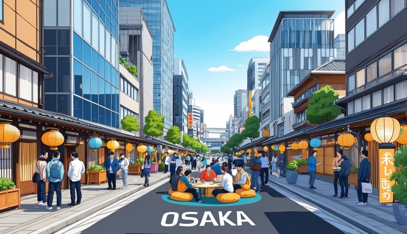 A bustling street in Osaka, Japan, lined with modern buildings and traditional lanterns, with digital nomads gathered around a vibrant outdoor co-working space
