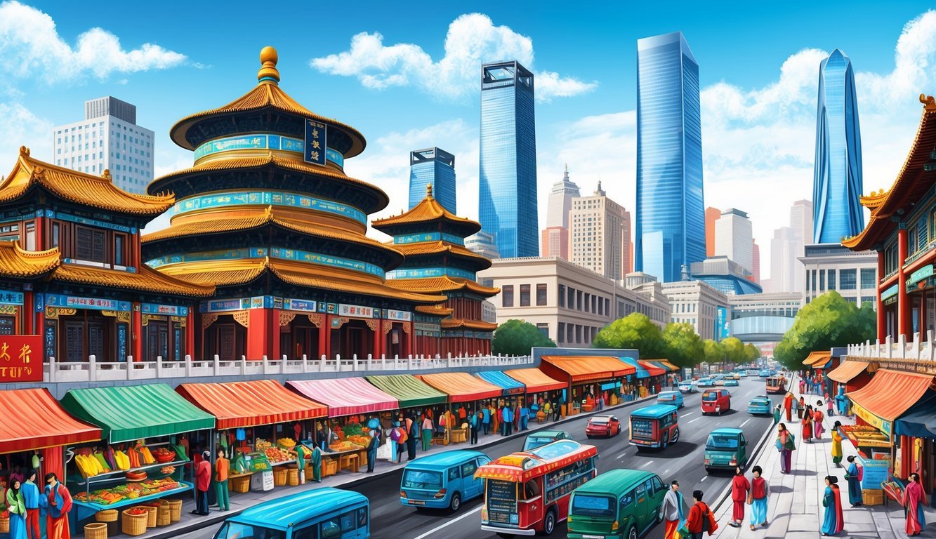 A bustling Beijing street with traditional architecture, modern skyscrapers, and vibrant street vendors