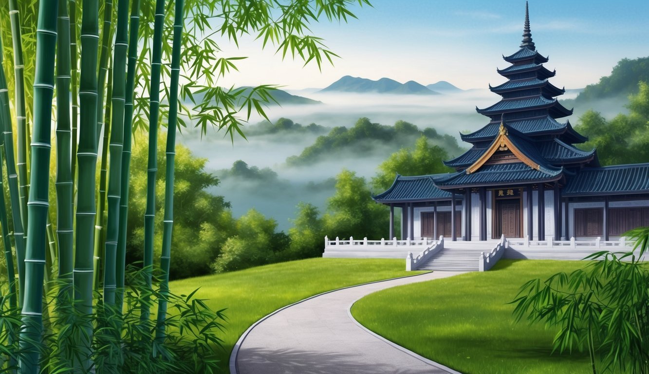 A serene temple nestled in a lush bamboo forest, with a winding path leading to the entrance.</p><p>In the distance, misty mountains rise against the horizon