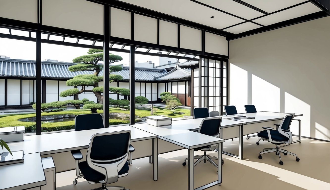 A modern workspace in Kyoto, with sleek desks, ergonomic chairs, and large windows overlooking a traditional Japanese garden