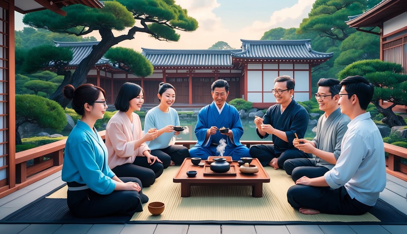 A group of digital nomads engage with locals in a traditional tea ceremony in a serene Kyoto garden
