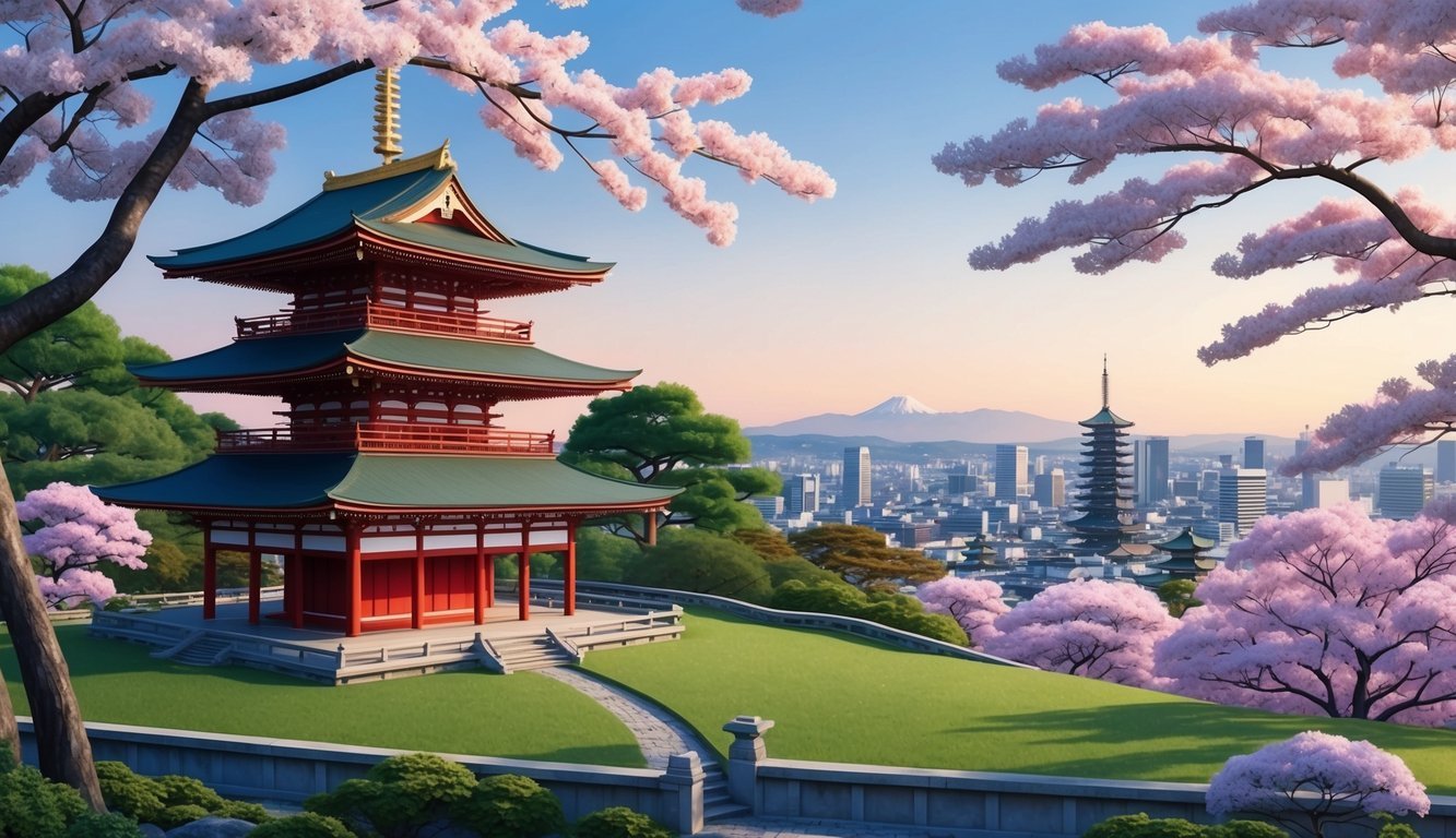 A serene traditional Japanese garden with a pagoda and cherry blossom trees, overlooking the city of Kyoto, Japan