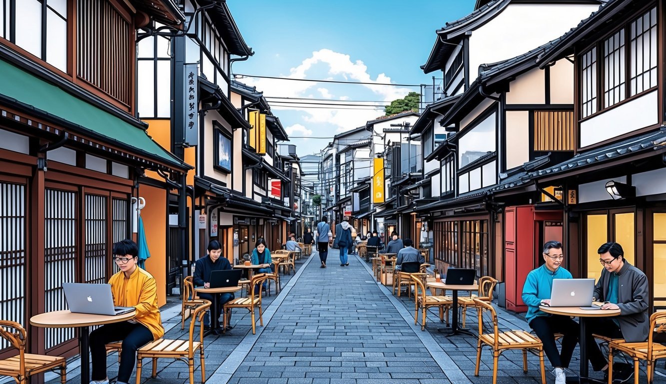 A bustling Kyoto street with traditional architecture, modern cafes, and digital nomads working on laptops at outdoor tables