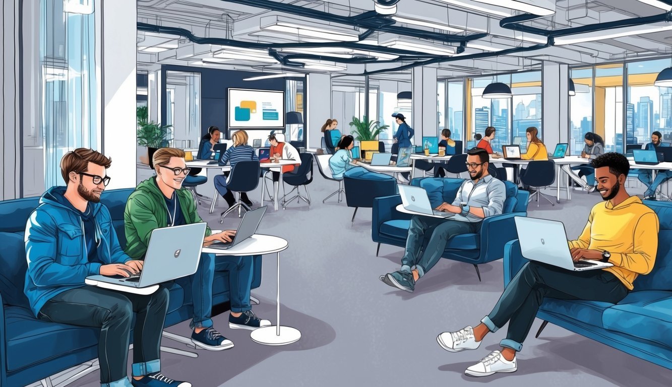 A bustling coworking space in Melbourne's city center, with modern decor, high-speed internet, and a diverse group of digital nomads working at their laptops