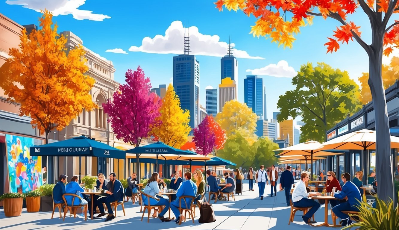 A sunny day in Melbourne, with colorful autumn leaves and people enjoying outdoor cafes and street art