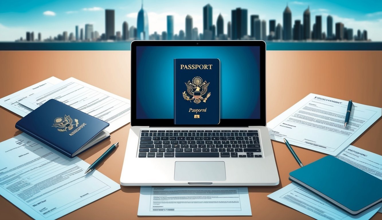A digital nomad's laptop and passport on a desk, surrounded by legal documents and paperwork, with a city skyline in the background