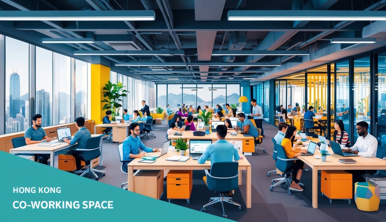 A bustling co-working space in Hong Kong, filled with modern workstations, vibrant decor, and a diverse community of digital nomads collaborating and networking