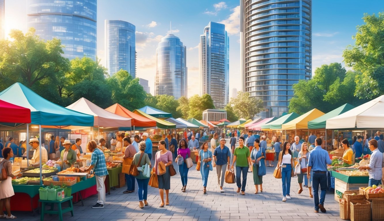 A bustling outdoor market with diverse vendors and visitors, surrounded by modern skyscrapers and lush greenery