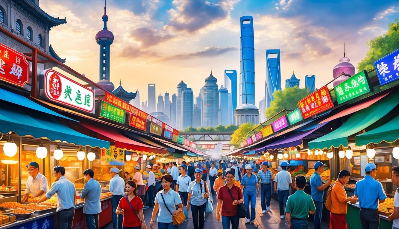 Busy street food market with colorful stalls and bustling crowds.</p><p>Iconic Shanghai skyline in the background