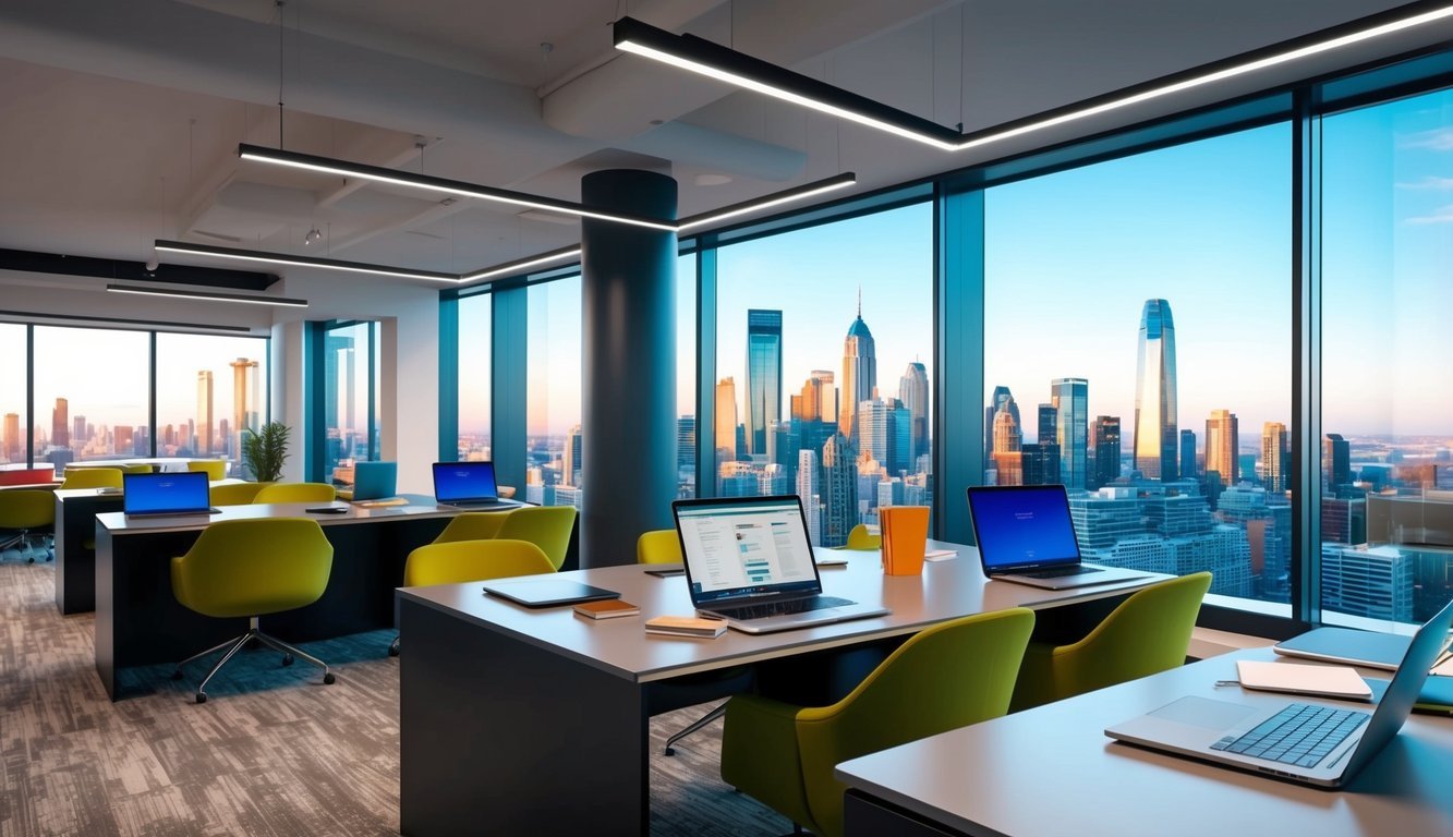 A bustling co-working space with modern decor and panoramic views of the city skyline.</p><p>Laptops and notebooks scattered on sleek desks