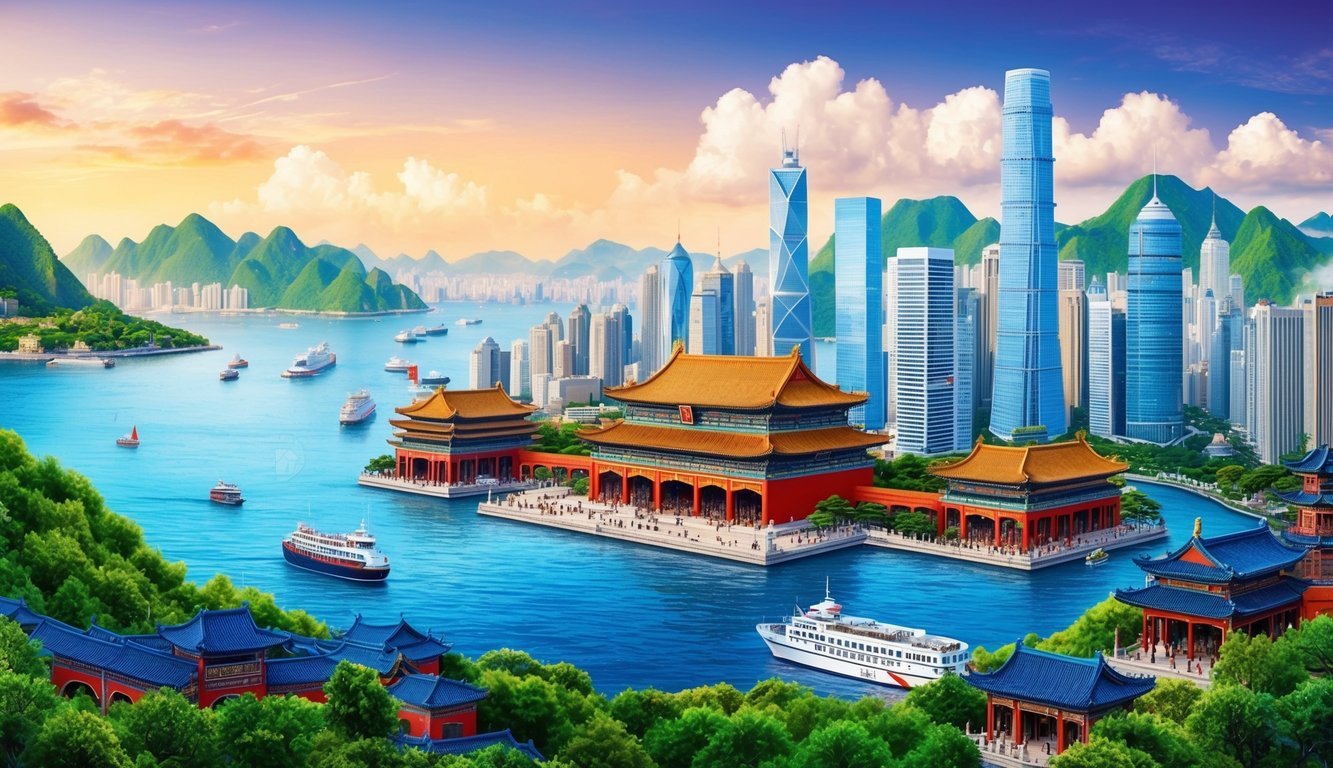 A bustling city skyline with traditional Chinese architecture, surrounded by lush green mountains and a sparkling harbor