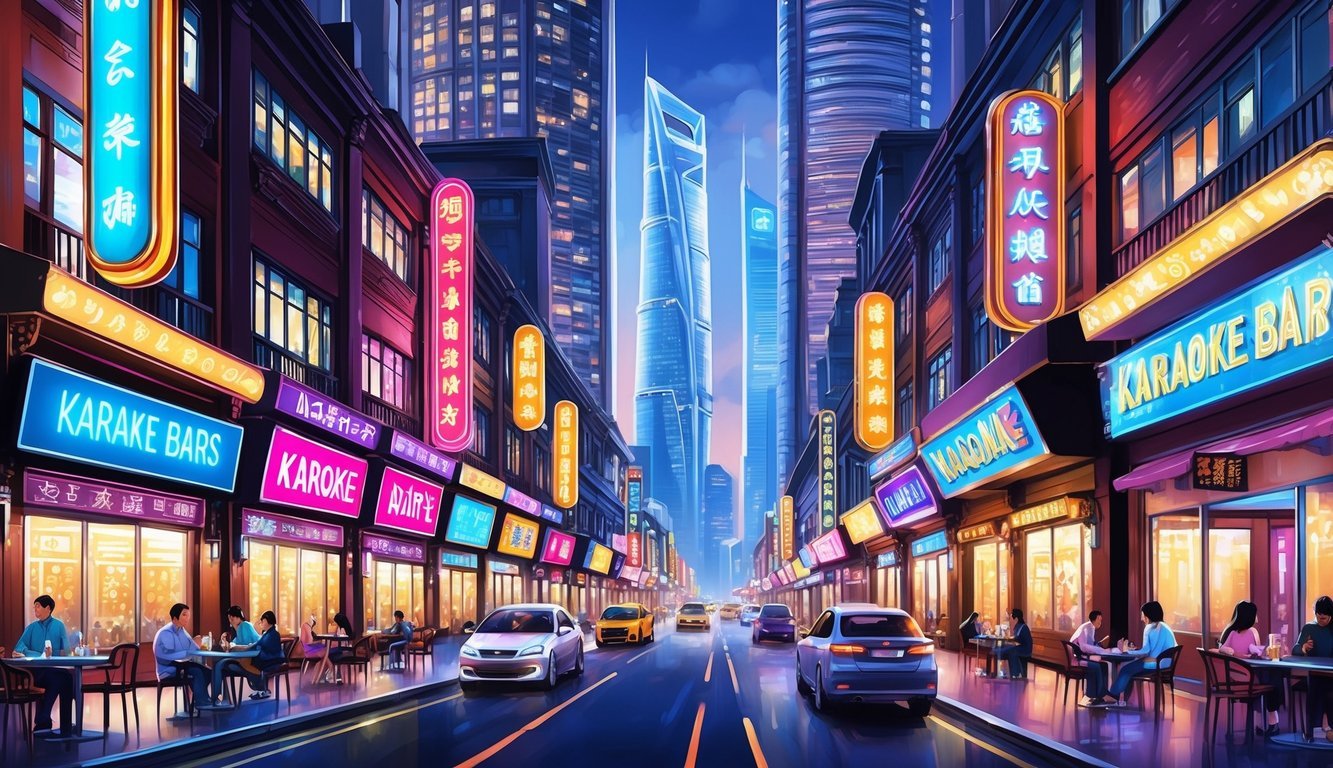 A bustling Shanghai street lined with neon-lit cafes and karaoke bars, surrounded by towering skyscrapers and bustling with activity