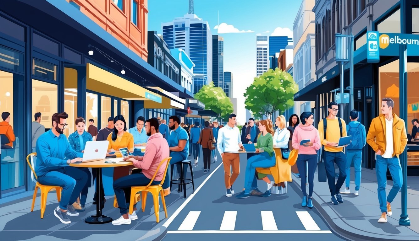 A bustling Melbourne street with a digital nomad working at a cafe, surrounded by a diverse group of people and modern city architecture