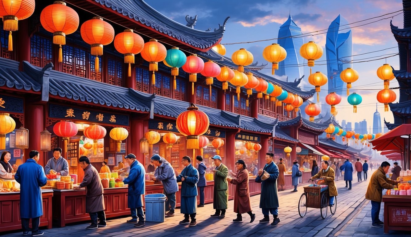 A bustling Shanghai street market with colorful lanterns, traditional architecture, and locals engaging in cultural activities